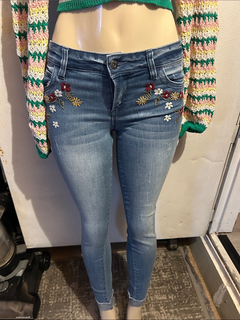 True Craft Light Blue Skinny Jeans with Floral Embroidery